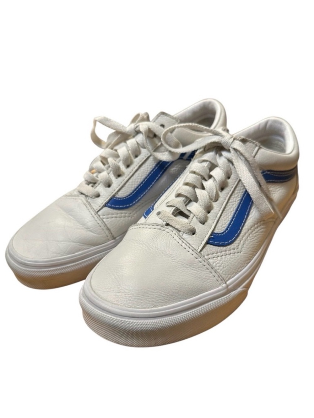 Vans Old Skool Leather White/Blue Stripe Sneakers Women's 9 / Men's 7.5.‎